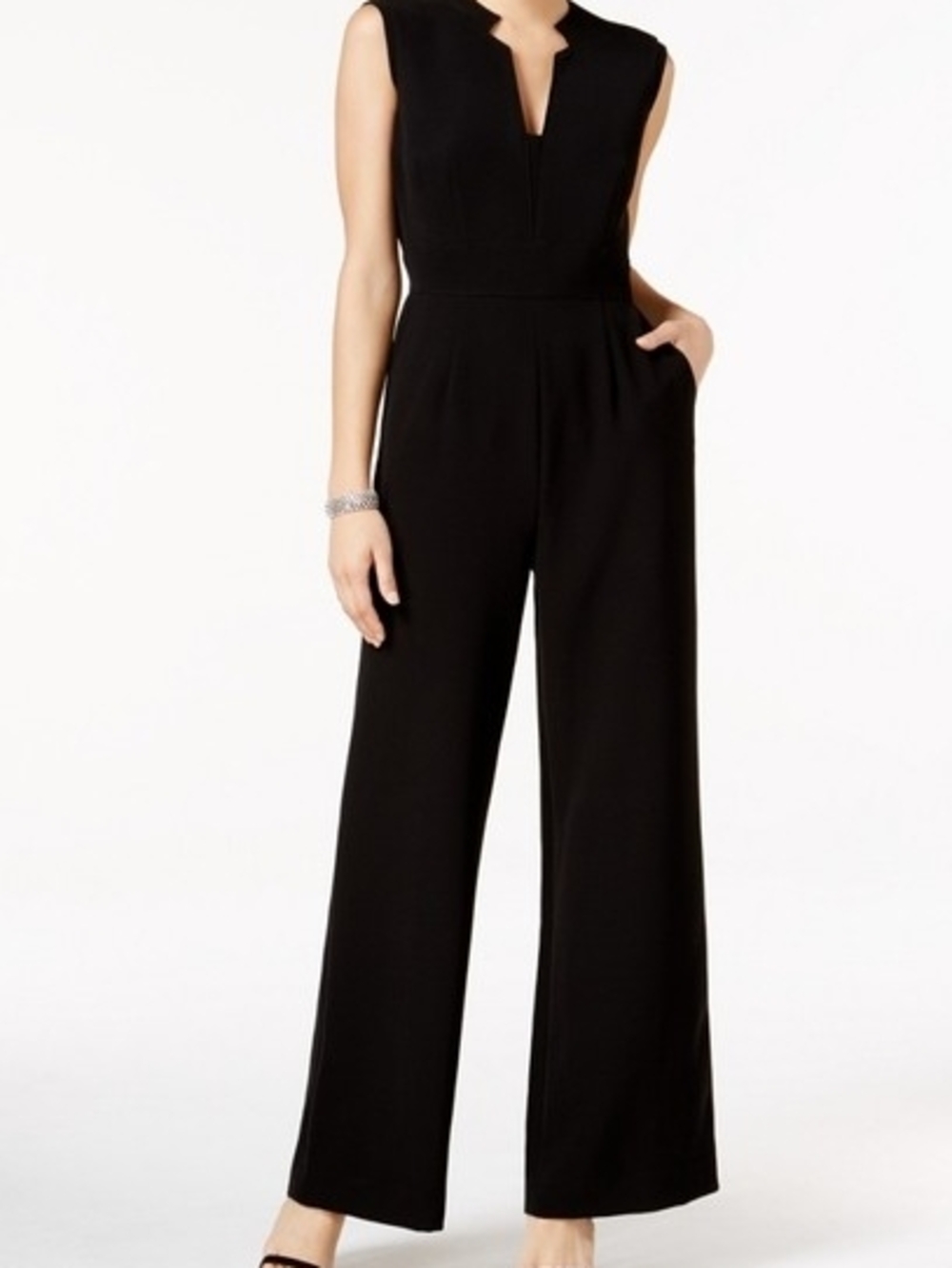 Tahari Black Sleeveless Notch-Neck Wide-Leg Jumpsuit